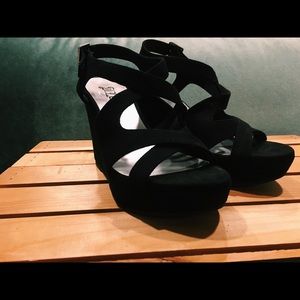 BRASH Chunky Black Suede Wedges